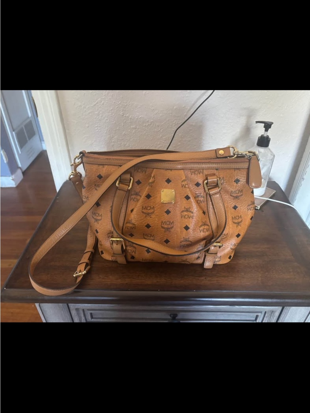 MCM Cognac Visetos Leather Shoulder Satchel - Tan Brown
